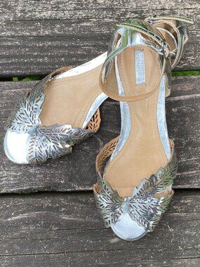 Botanical Schutz Metallic Silver Ankle Strap Sandals from Anthropologie-Size 8.5